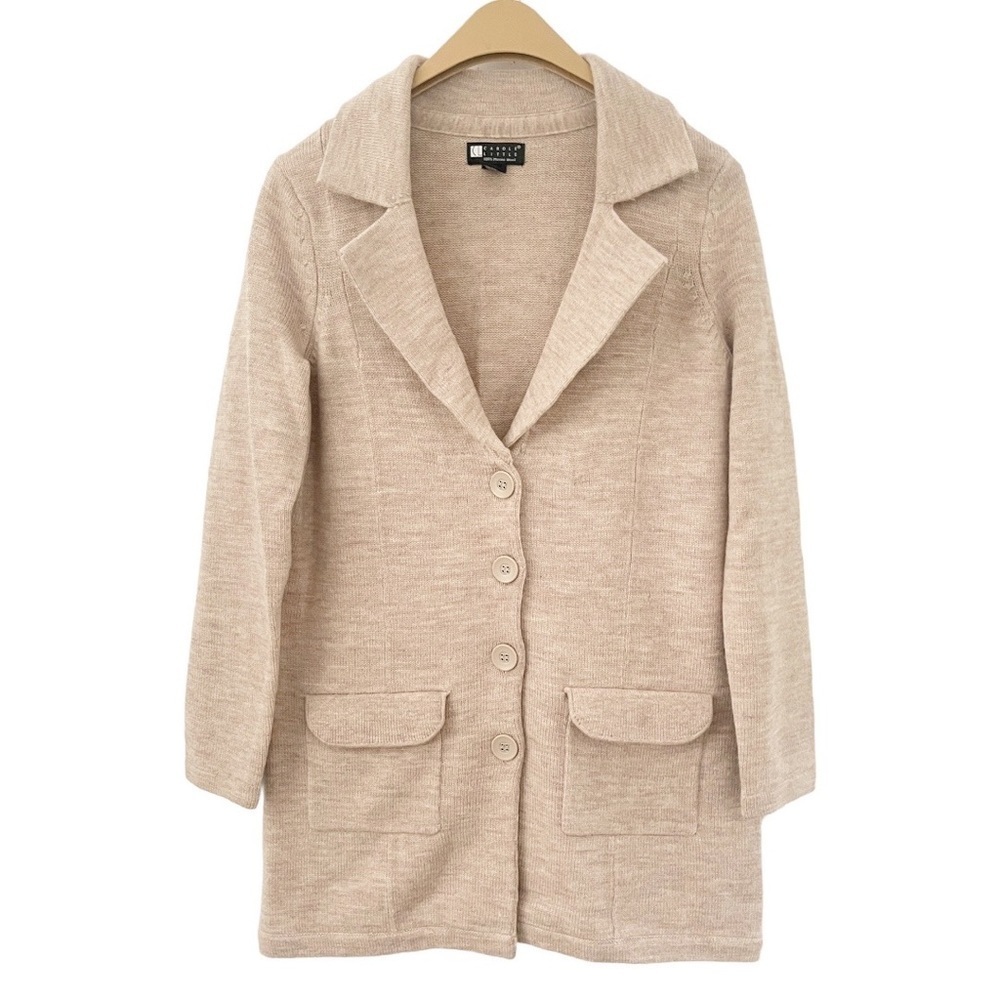 Carole Little Tan Merino‎ Wool Sweater Jacket Long Button Cardigan M Preppy